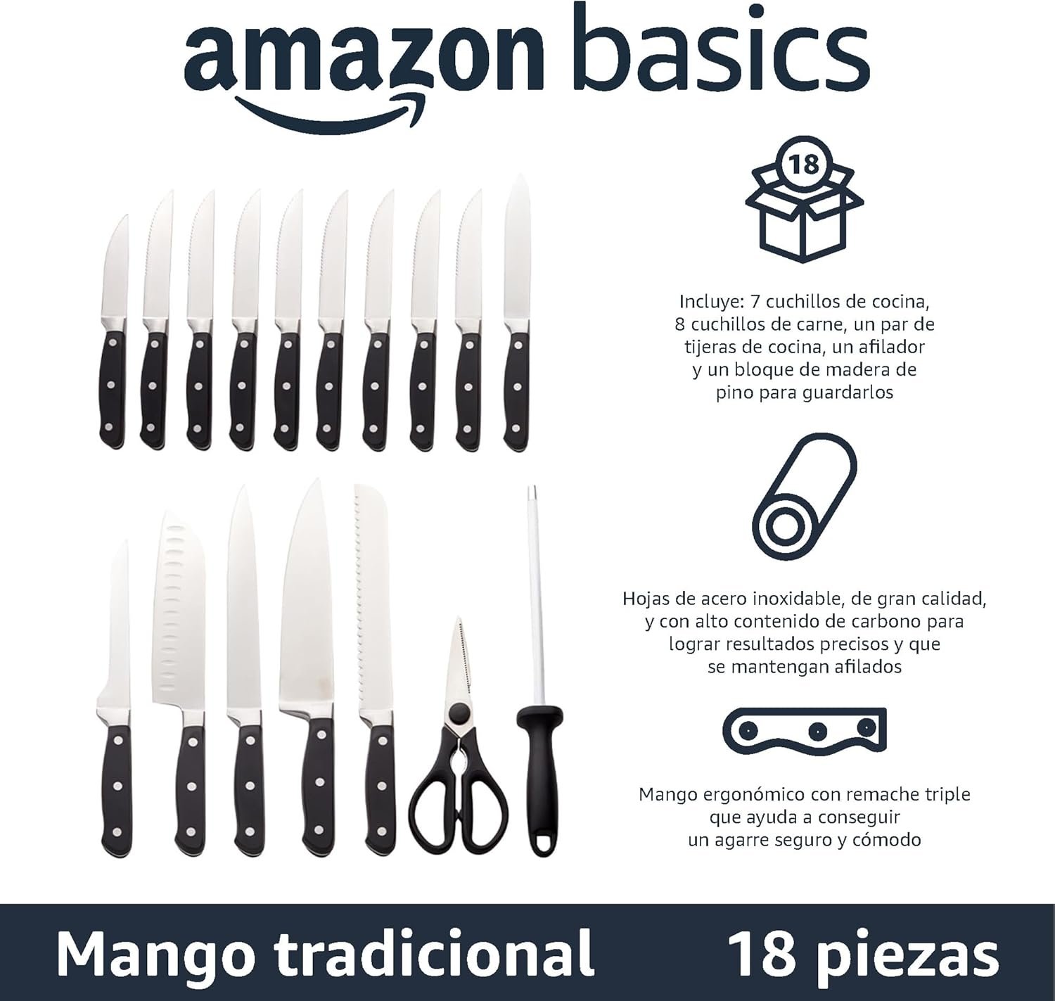 Amazon Basics Juego de Cuchillos de Cocina y Soporte