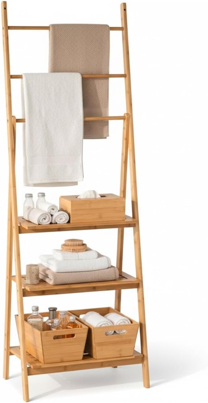 THINIA HOME - Toallero de Pie de Bambú Natural con 3 Estantes y 3 Barras