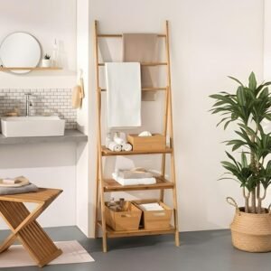 THINIA HOME - Toallero de Pie de Bambú Natural con 3 Estantes y 3 Barras